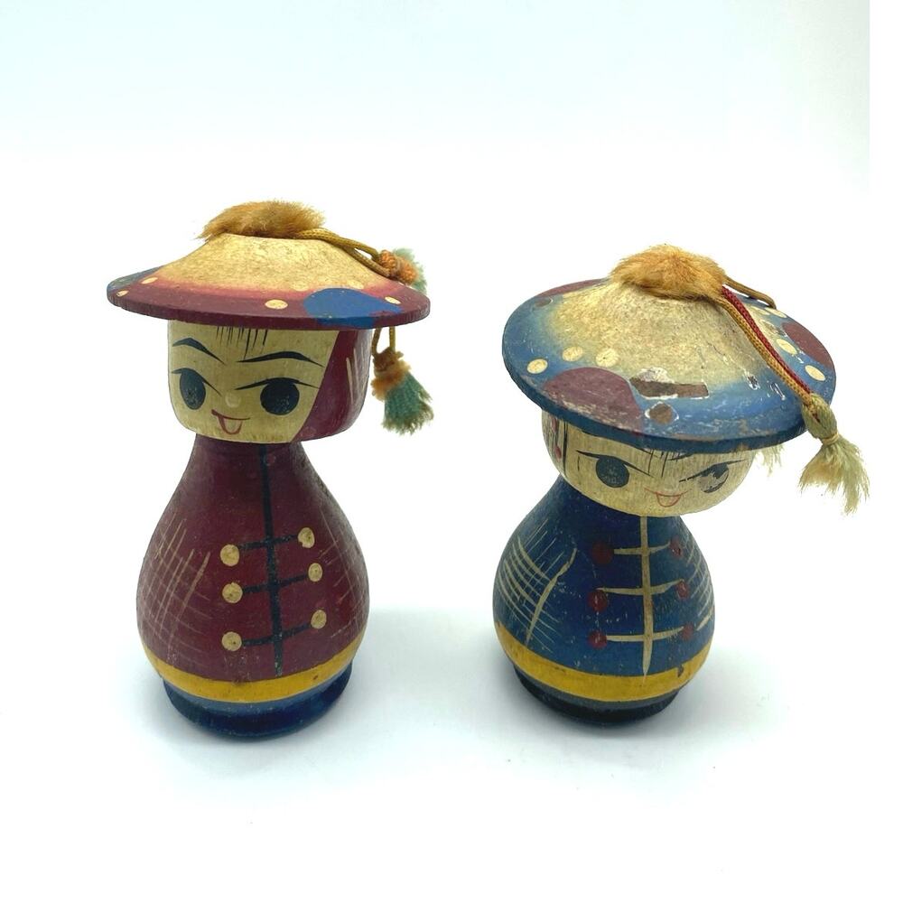 Pair Vtg 50s Mid Century MCM WOODEN KOKESHI Bobblehead  Dolls Figurine‎ Japan